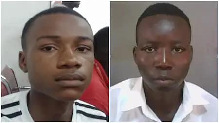 Two young men facing the camera in separate photos placed side by side. Both have neutral expressions; one wears a striped shirt and the other a white collared shirt. The backgrounds are plain and unobtrusive.