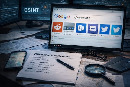 A desk with a computer displaying social media icons and a Google search for a username. Papers, a phone, magnifying glass, and "Open Source Intelligence" documents are scattered on the desk.