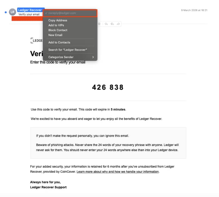 ledger noreply phishing email
