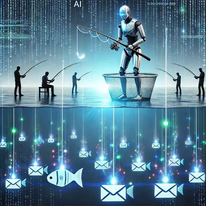 A robot stands in a large net fishing with a rod, surrounded by people fishing, over a digital sea filled with glowing email icons and fish, symbolizing AI-powered phishing cyberattacks.