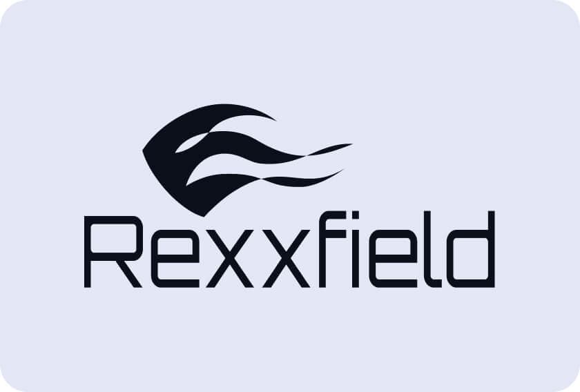 A stylized black logo resembling a flame or abstract eye appears above the word "Rexxfield" in bold, modern black font on a light gray background with rounded corners.