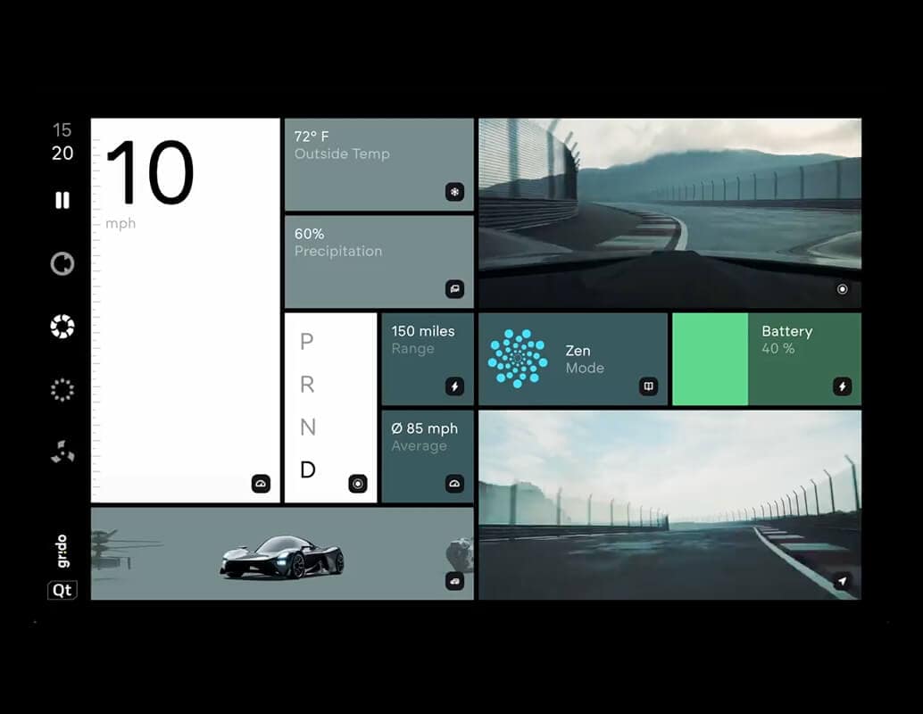 A futuristic car dashboard display showing speed, outside temperature, precipitation, gear, battery level, driving mode, range, average speed, and camera views of a racetrack.