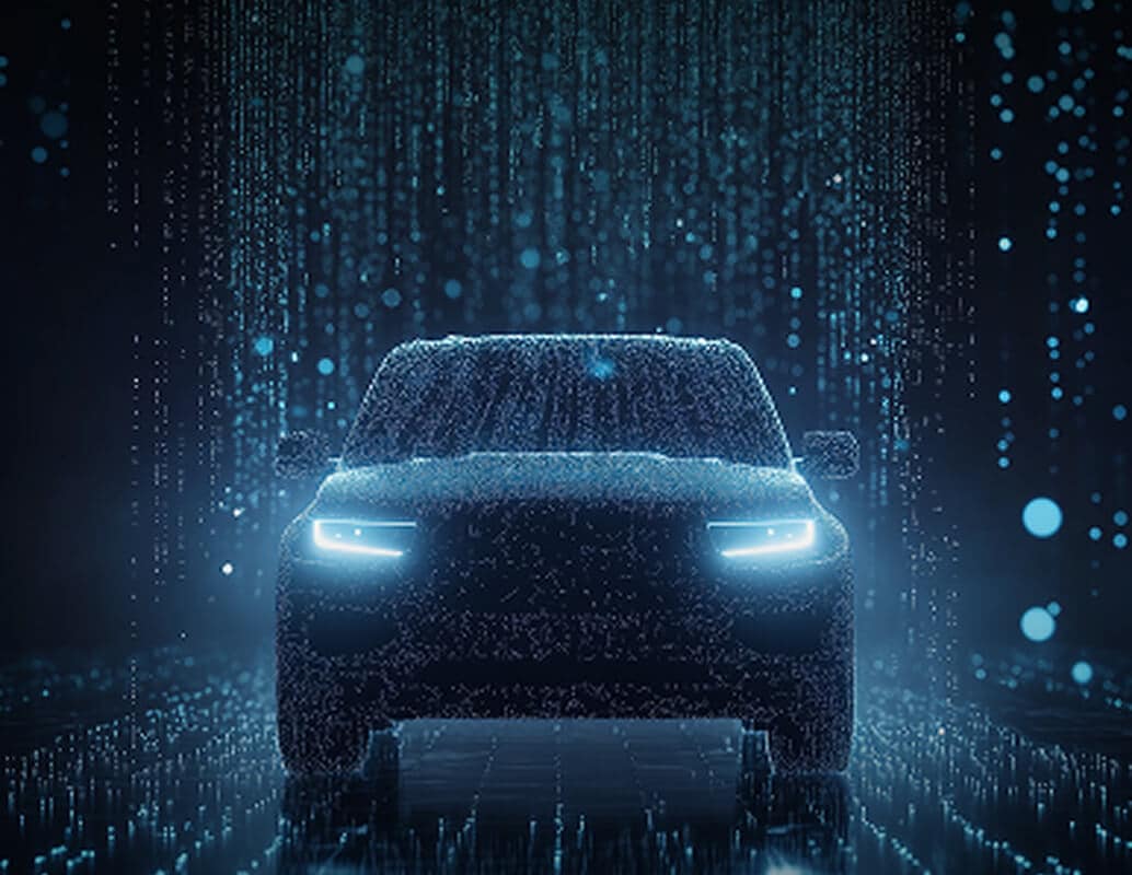 A futuristic car with glowing headlights is shown from the front, surrounded by digital blue light particles and vertical lines, creating a high-tech, digital atmosphere.