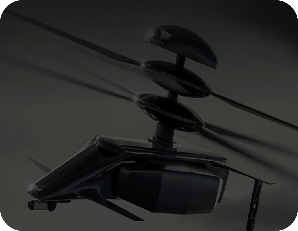 A sleek, black, futuristic drone with a multi-layered rotor design is shown in close-up against a dark background. The drone features smooth, aerodynamic surfaces and has two wide rotor blades.