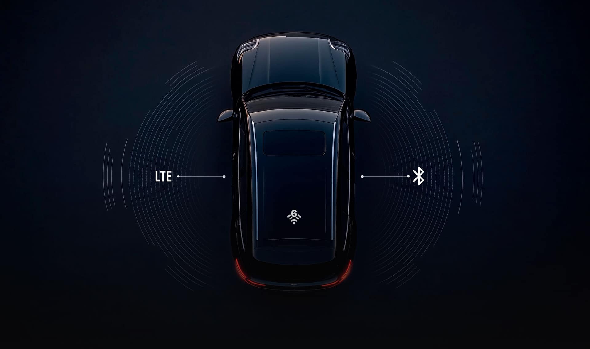 Aerial view of a black car with graphical representations of LTE and Bluetooth signals emanating from it, indicating connectivity features. The background is dark, highlighting the car's sleek design and advanced technology icons.