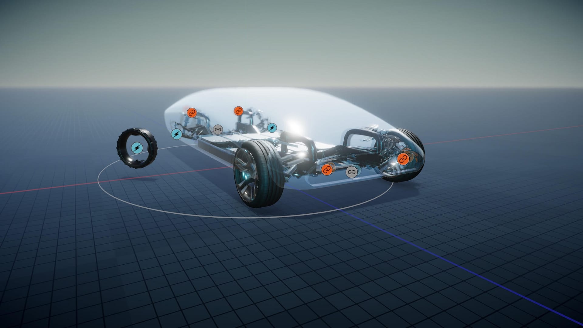A digital rendering of a transparent car chassis displays exposed wheels, suspension, and internal components on a grid surface, with highlighted areas emphasizing key mechanical parts.