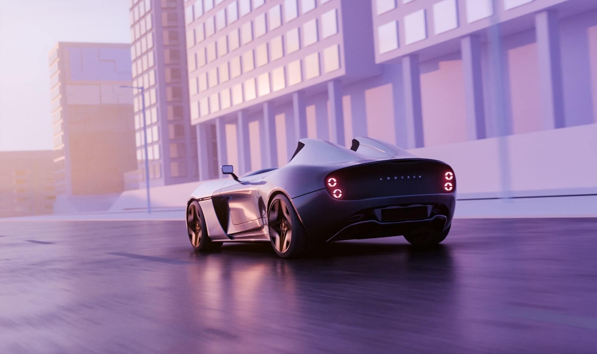 A sleek, futuristic sports car with glowing taillights drives through a modern cityscape with tall, glass buildings. The scene has a soft purple and pink hue, suggesting sunrise or sunset.