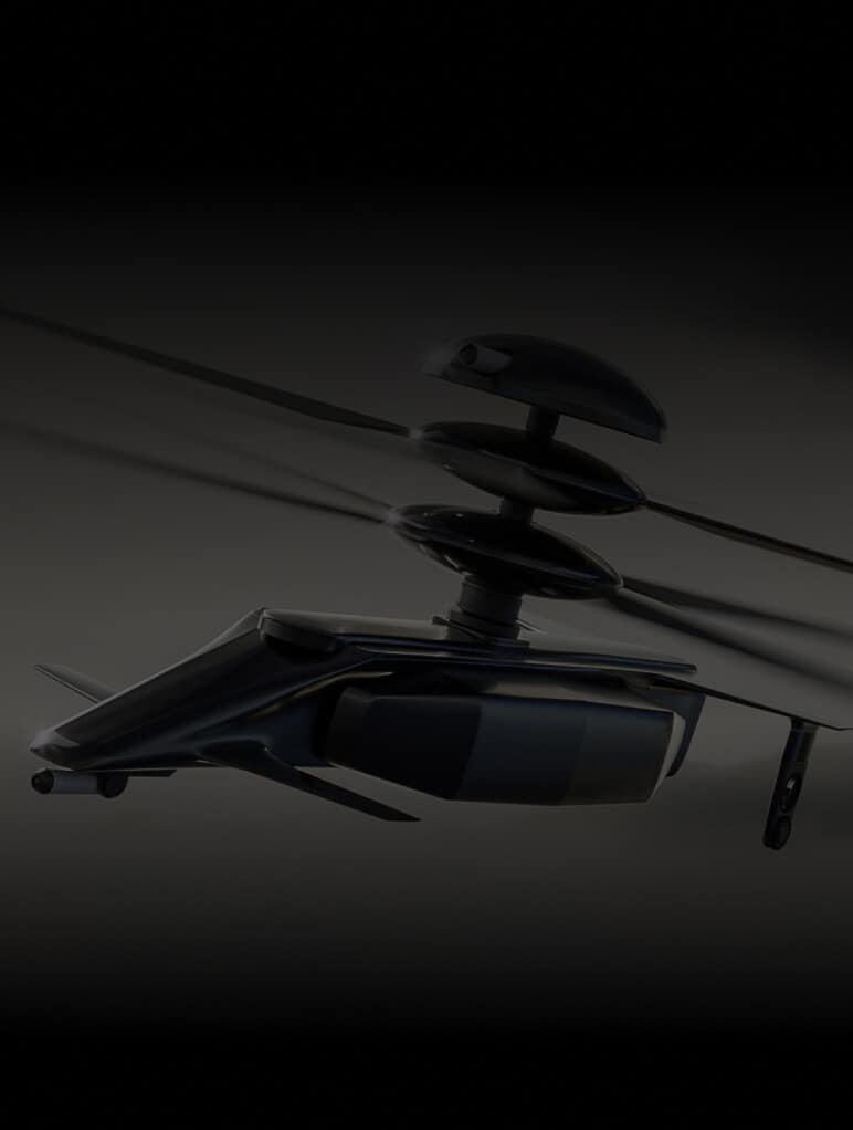 A dark, futuristic helicopter with sleek design and a prominent rotor is displayed against a black background. The aircraft's body is streamlined, emphasizing its modern technology and innovative aerodynamics.