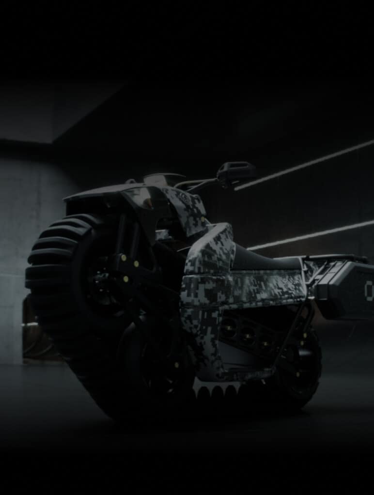 A futuristic motorcycle with a digital camouflage pattern is parked indoors. The design features large, rugged tires and a sleek, angular body. The setting is dimly lit, highlighting the vehicle's unique contours and texture.