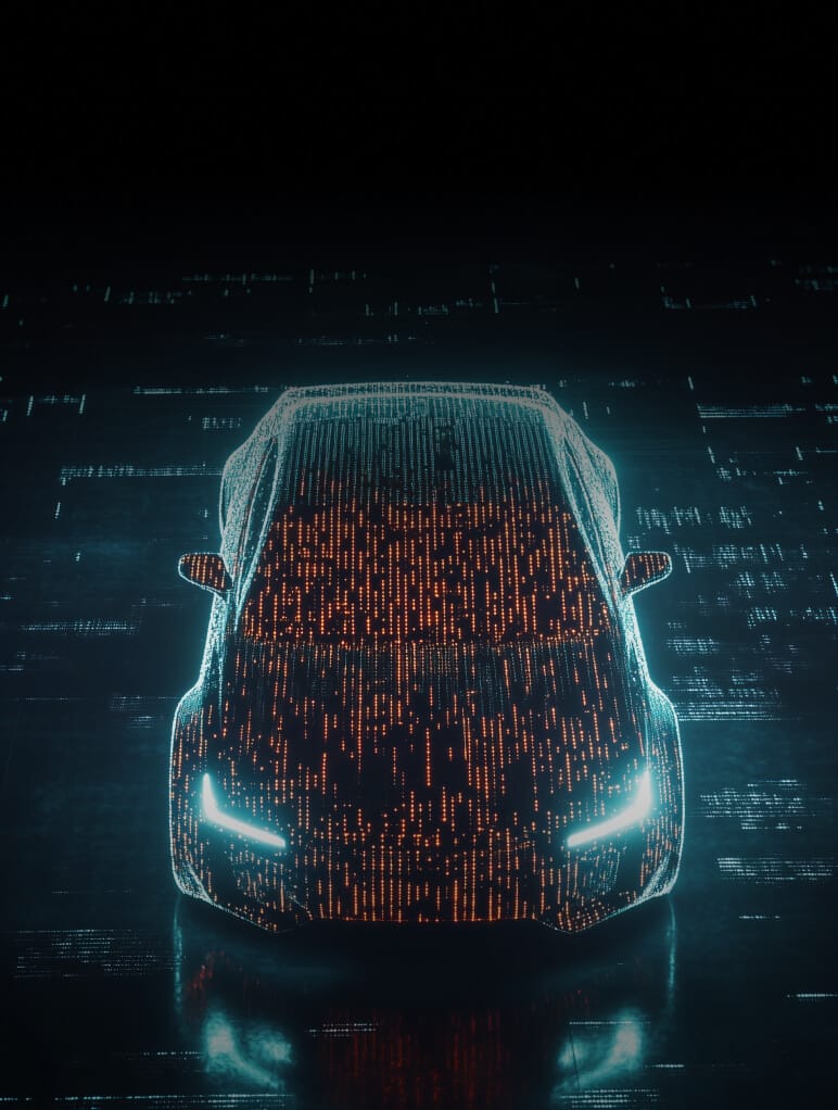 A futuristic car outlined in glowing blue and orange digital lines stands against a dark backdrop. The car's headlights are illuminated, and the design suggests a high-tech or digital visualization concept.