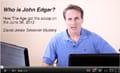A man in a light blue shirt sits at a desk with two laptops. Text on the screen reads: "Who is John Edgar? How The Age got the scoop on the June 30, 2012 Grant Jones Tabascor Mystery.
