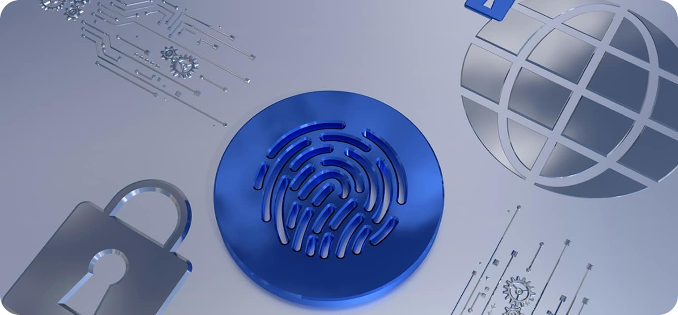 A blue fingerprint icon is centered among metallic symbols of a globe and a padlock, representing digital security and online identity protection, on a reflective, technology-themed background.