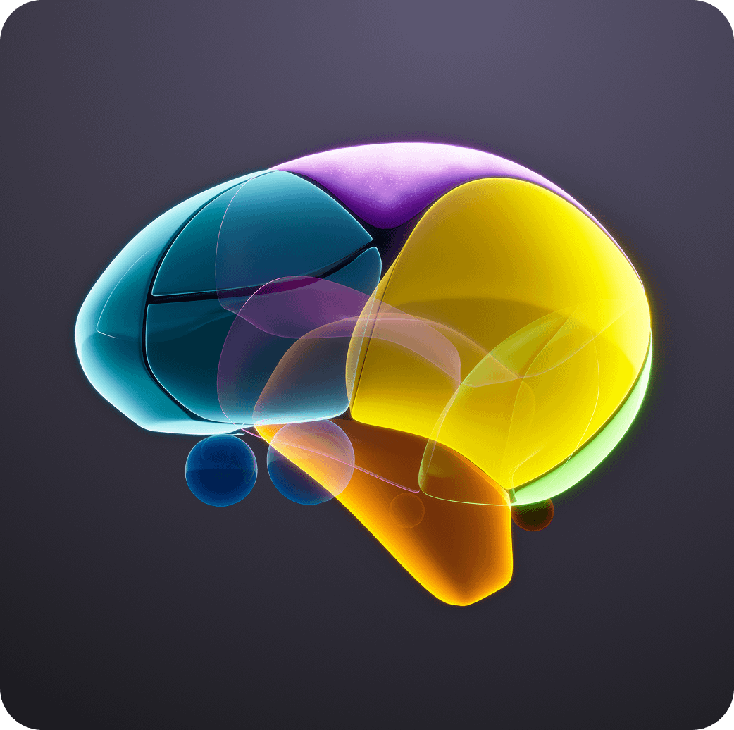 A stylized, colorful digital illustration of a human brain with overlapping translucent sections in blue, yellow, purple, and orange, set against a dark gradient background.