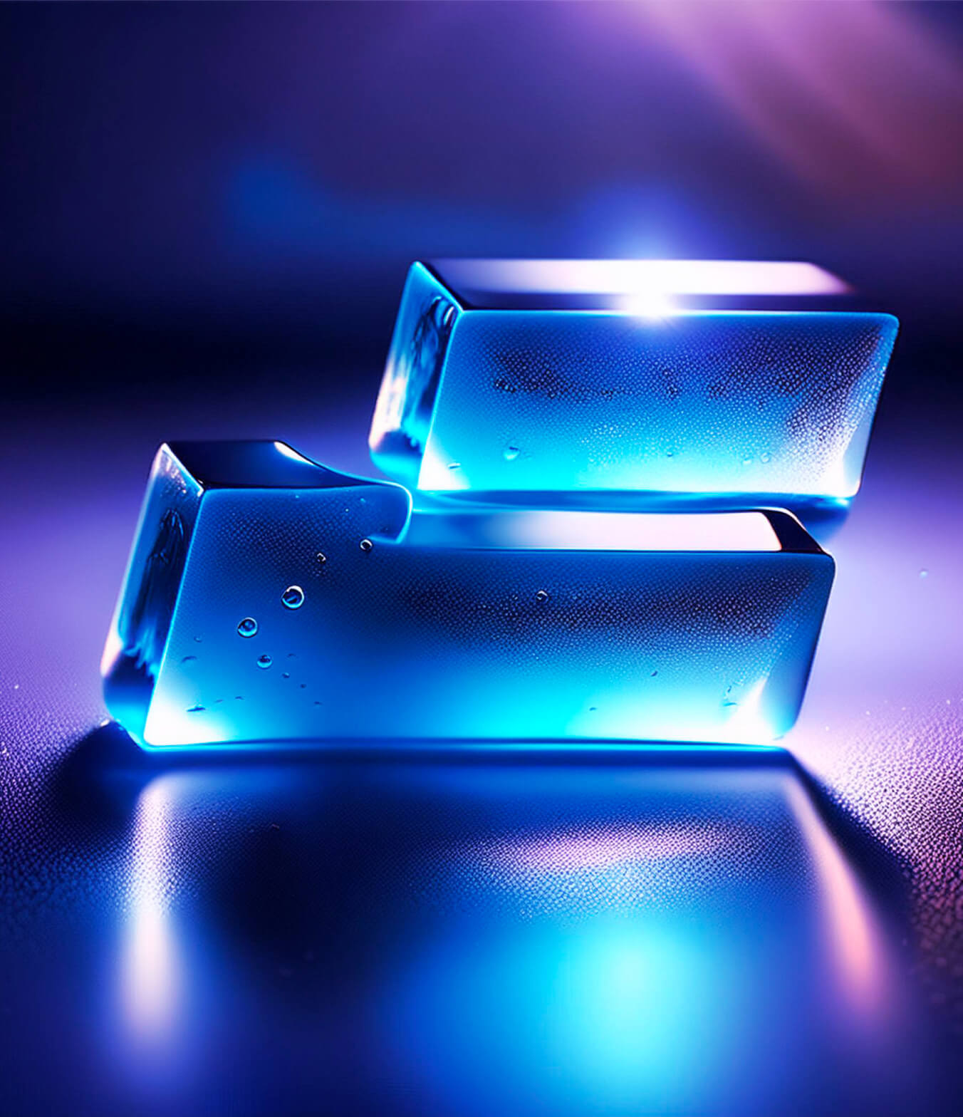Two rectangular glass blocks stacked unevenly, illuminated with a cool blue glow against a blurred, dark background. Reflections and bubbles inside the glass add to the ethereal, futuristic aesthetic.