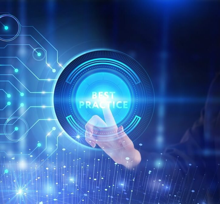 Phase 5 Best Practices Development A woman in a suit touches a futuristic digital interface displaying the words "Best Practice." The background features abstract blue circuit patterns and glowing connections.
