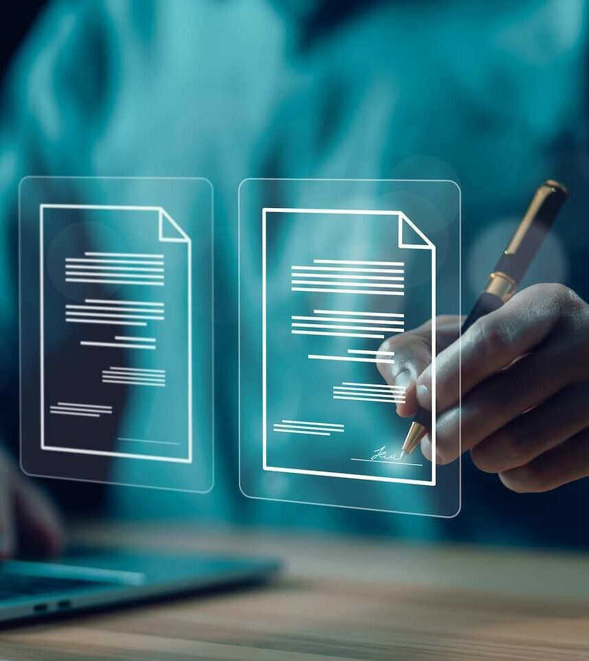 Phase 3 Converting Copywriting A person interacts with a laptop, reaching out with a stylus to touch virtual, transparent document icons hovering above the device. The documents display lines of text and a signature line, suggesting e-signature technology usage.