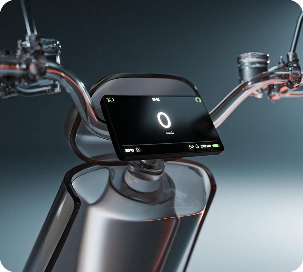 Close-up view of an electric scooter’s handlebar with a digital display screen showing a speed of 0 km/h and various status icons on a sleek, modern dashboard.