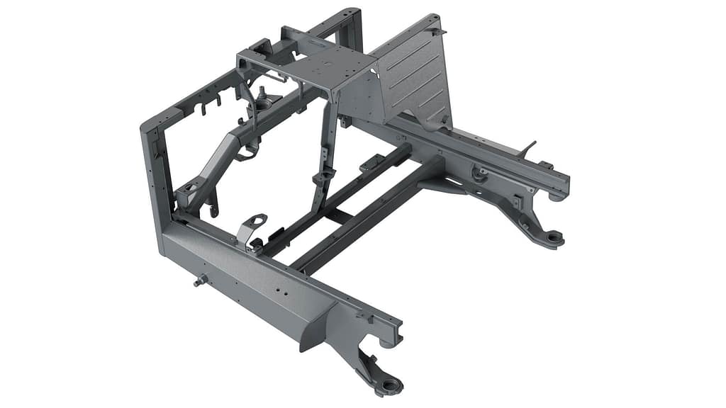 A 3D-rendered image of a gray metal vehicle chassis frame, showing various mounting points, crossbeams, and structural supports from an angled perspective.