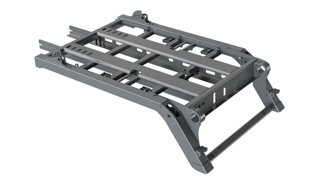 A metal adjustable server rack mounting frame with support rails and side brackets, designed for holding electronic equipment or components.