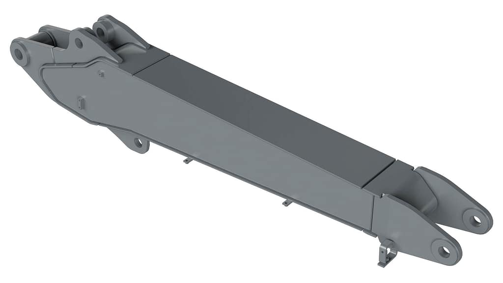 A 3D-rendered image of a gray metal mechanical arm or boom, likely a component for heavy machinery, with pivot points and attachment holes at both ends, shown on a white background.