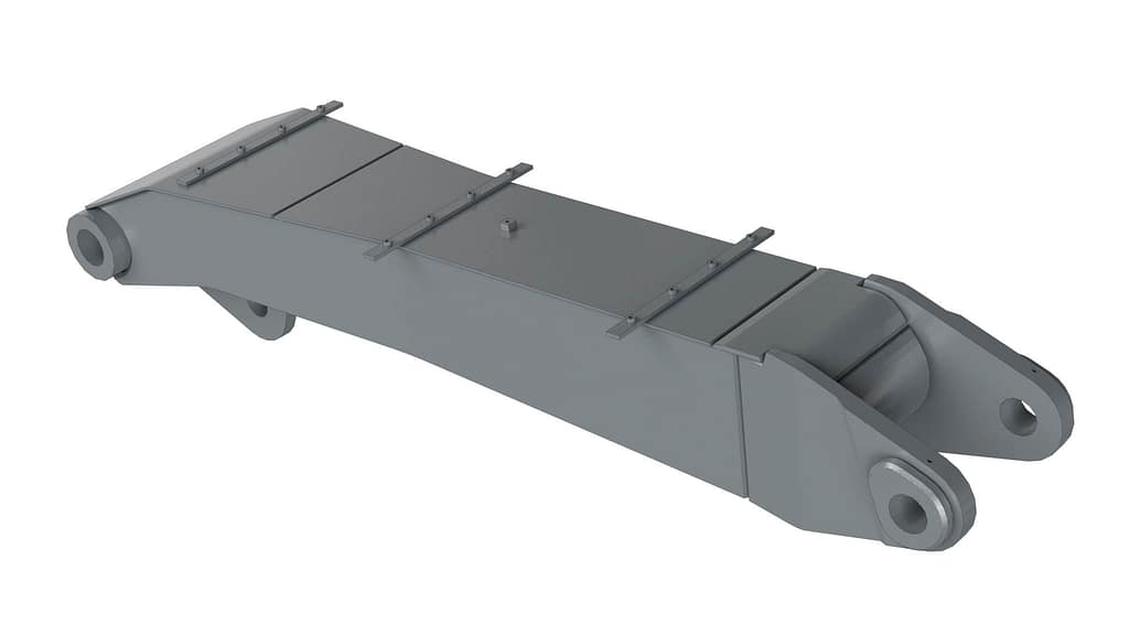 A 3D-rendered image of a gray, heavy-duty metal component with mounting holes at both ends, likely used in construction or industrial machinery.