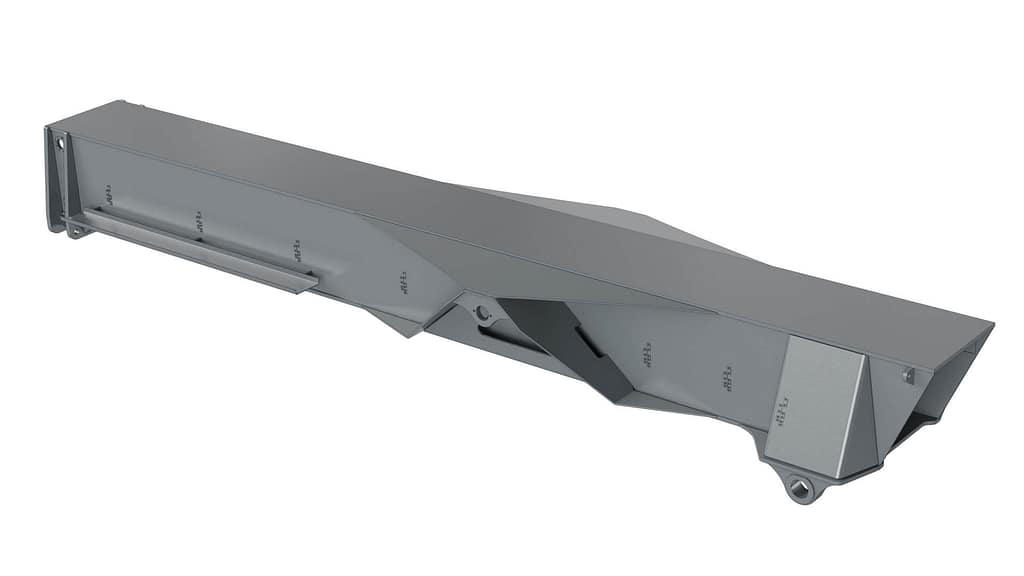 A 3D rendered image of a metallic, angular, industrial machine part with various ridges, cutouts, and mounting holes, shown on a plain white background.