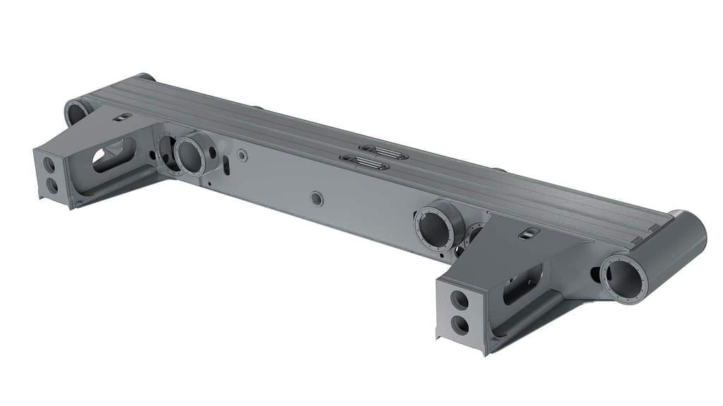 A 3D-rendered image of a gray, rectangular metal mechanical component with multiple holes, slots, and reinforced triangular supports on each end. The structure appears industrial and precise.