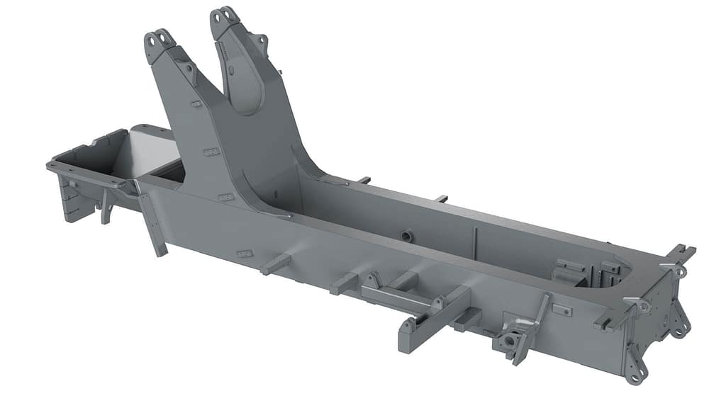 A 3D-rendered image of a gray metal chassis frame with multiple mounting brackets, support arms, and attachment points, likely designed for industrial or automotive applications.