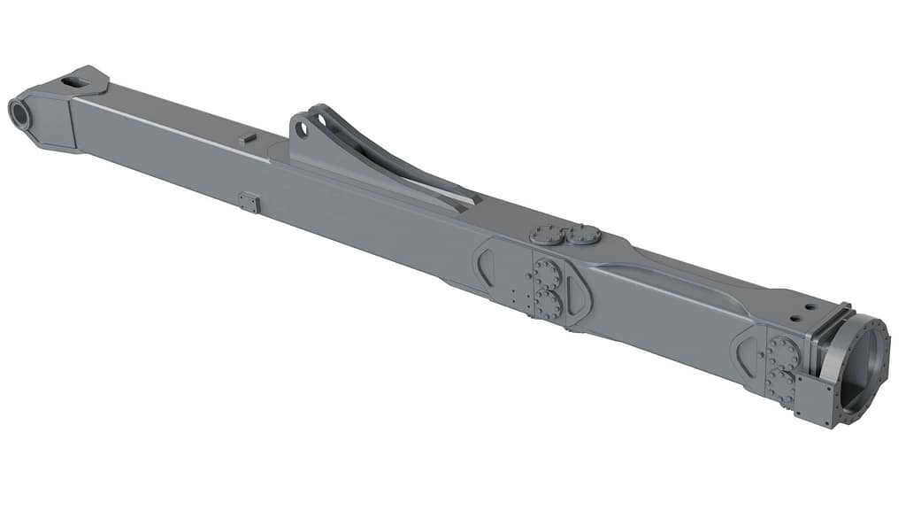 A 3D-rendered image of a long, gray metallic mechanical component with multiple connection points, rounded edges, and several bolt details along its length.