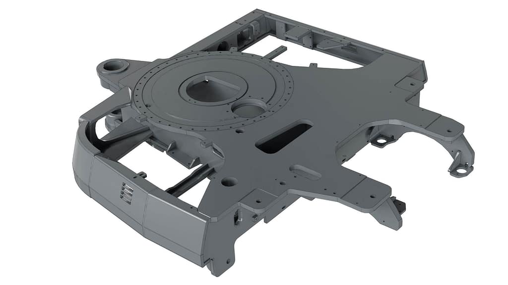 A 3D-rendered image of a large, gray, metal mechanical component featuring a circular opening, multiple cutouts, and angular surfaces, possibly part of heavy machinery or a vehicle chassis.