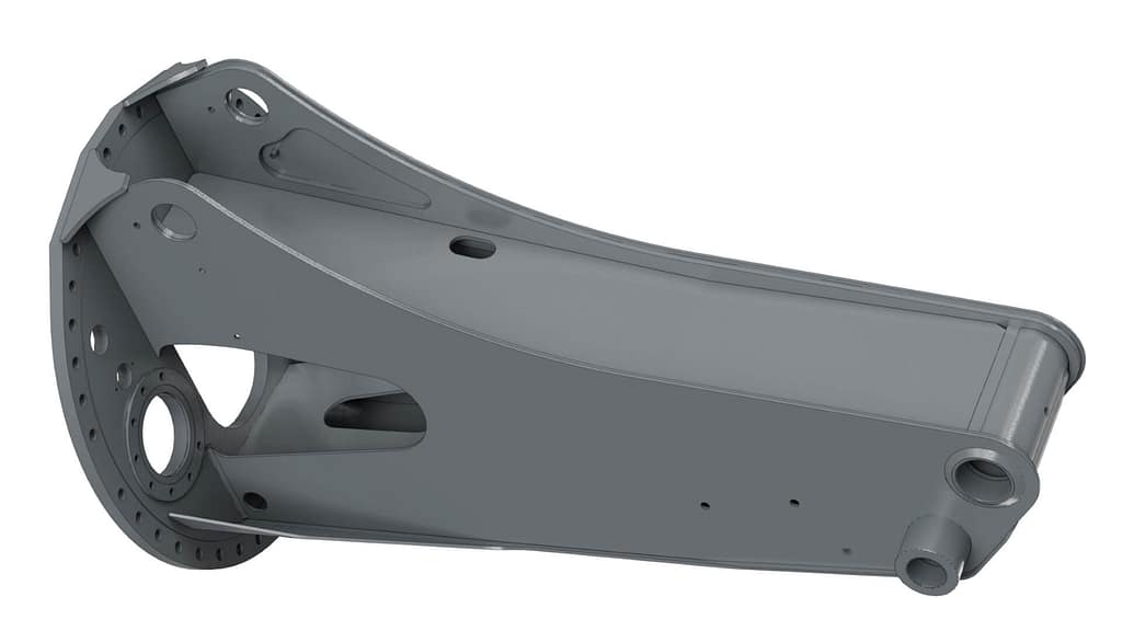 A 3D-rendered image of a gray, metal mechanical component with curved and flat surfaces, circular holes, and mounting points, possibly part of a larger machine or structure.
