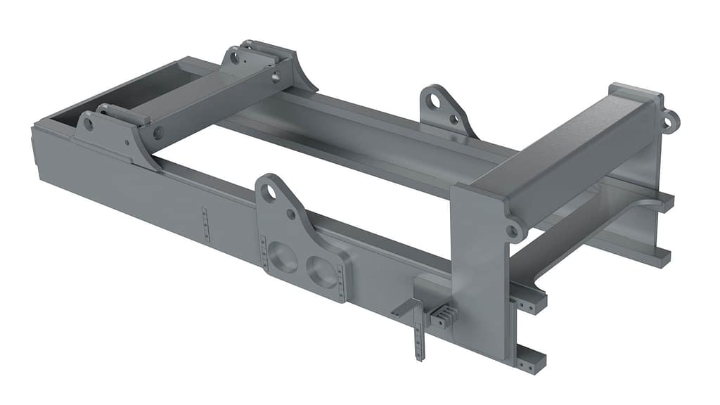 3D-rendered image of a gray, metal industrial frame or chassis with multiple mounting points, brackets, and support beams, designed for heavy machinery or structural applications.