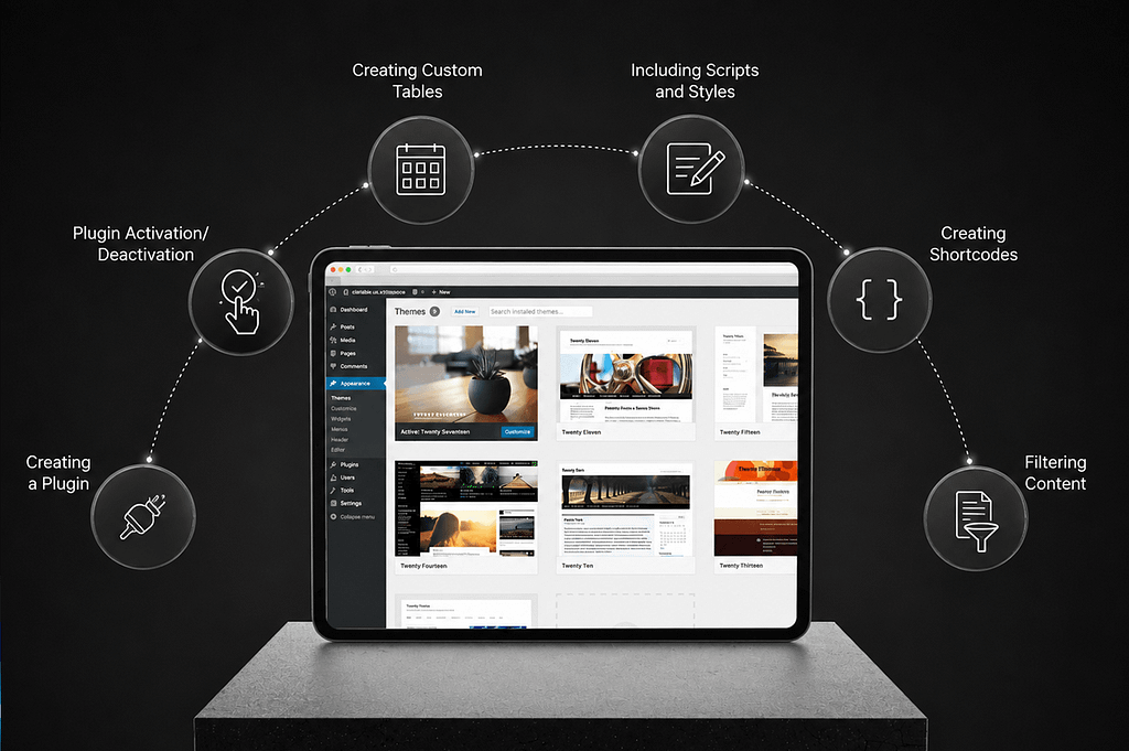 Tablet displaying a website dashboard with surrounding icons labeled: Creating a Plugin, Plugin Activation/Deactivation, Creating Custom Tables, Including Scripts and Styles, Creating Shortcodes, Filtering Content.
