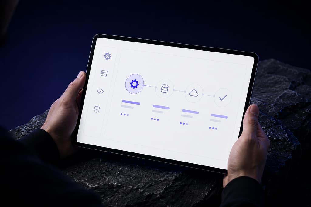 Person holding a tablet displaying a flowchart with icons for settings, database, cloud, and a checkmark, representing a process. The background is dark, and the tablet rests on a textured stone surface.