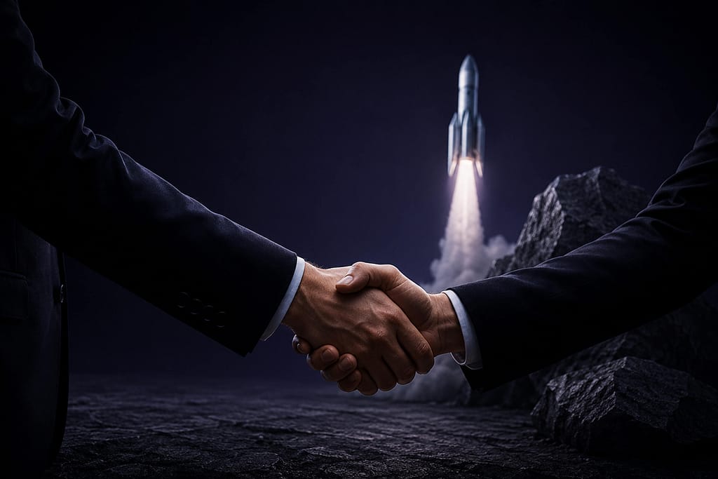 Two people in business suits shaking hands, with a rocket launching in the background, symbolizing partnership and successful collaboration in a futuristic or high-tech setting.