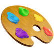 A wooden artist’s palette with blobs of blue, green, yellow, red, and purple paint