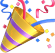 A gold party popper with purple stripes releases colorful confetti