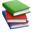 Three hardcover books stacked on top of each other, with green, red, and blue covers