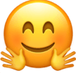 A yellow smiling face with rosy cheeks and open hands
