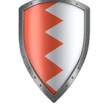 A metallic shield with a red and white vertical zigzag design