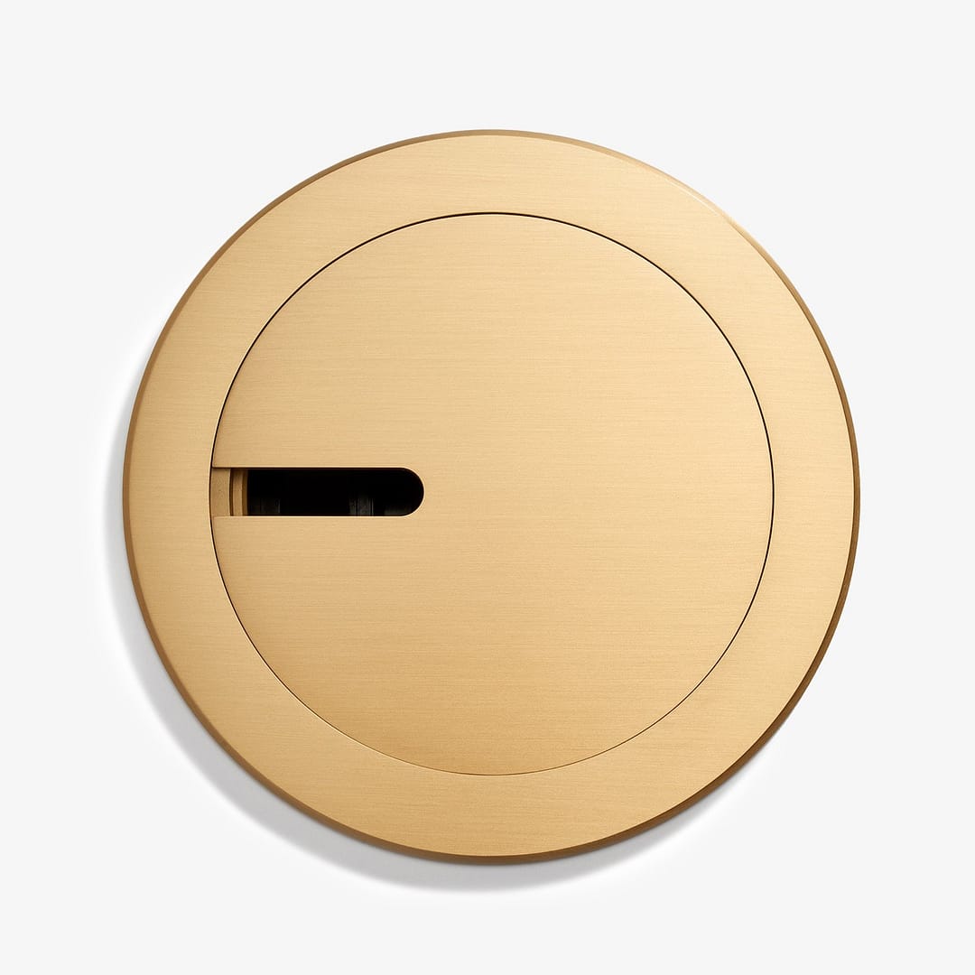 A minimalist gold round wall light with a sleek, narrow slot emitting light, mounted on a white background.