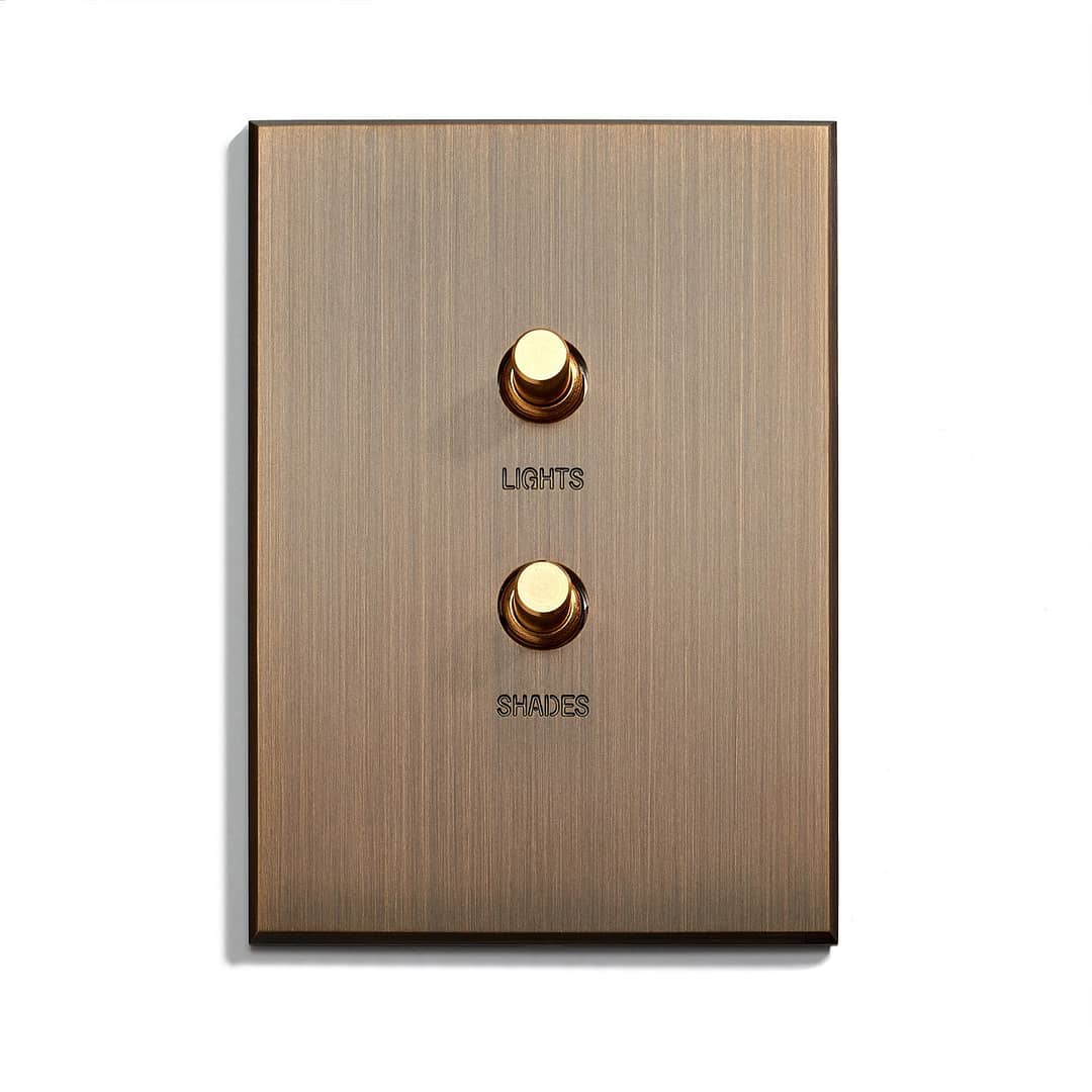 A brass-colored light switch plate with two round toggle switches. The upper switch is labeled "LIGHTS" and the lower switch is labeled "SHADES." The plate has a brushed metal texture.