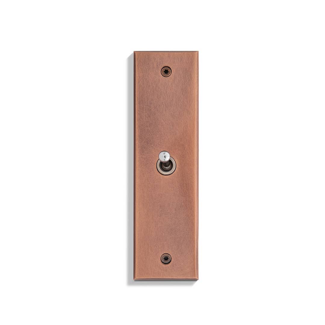 A copper wall plate with a button on it.