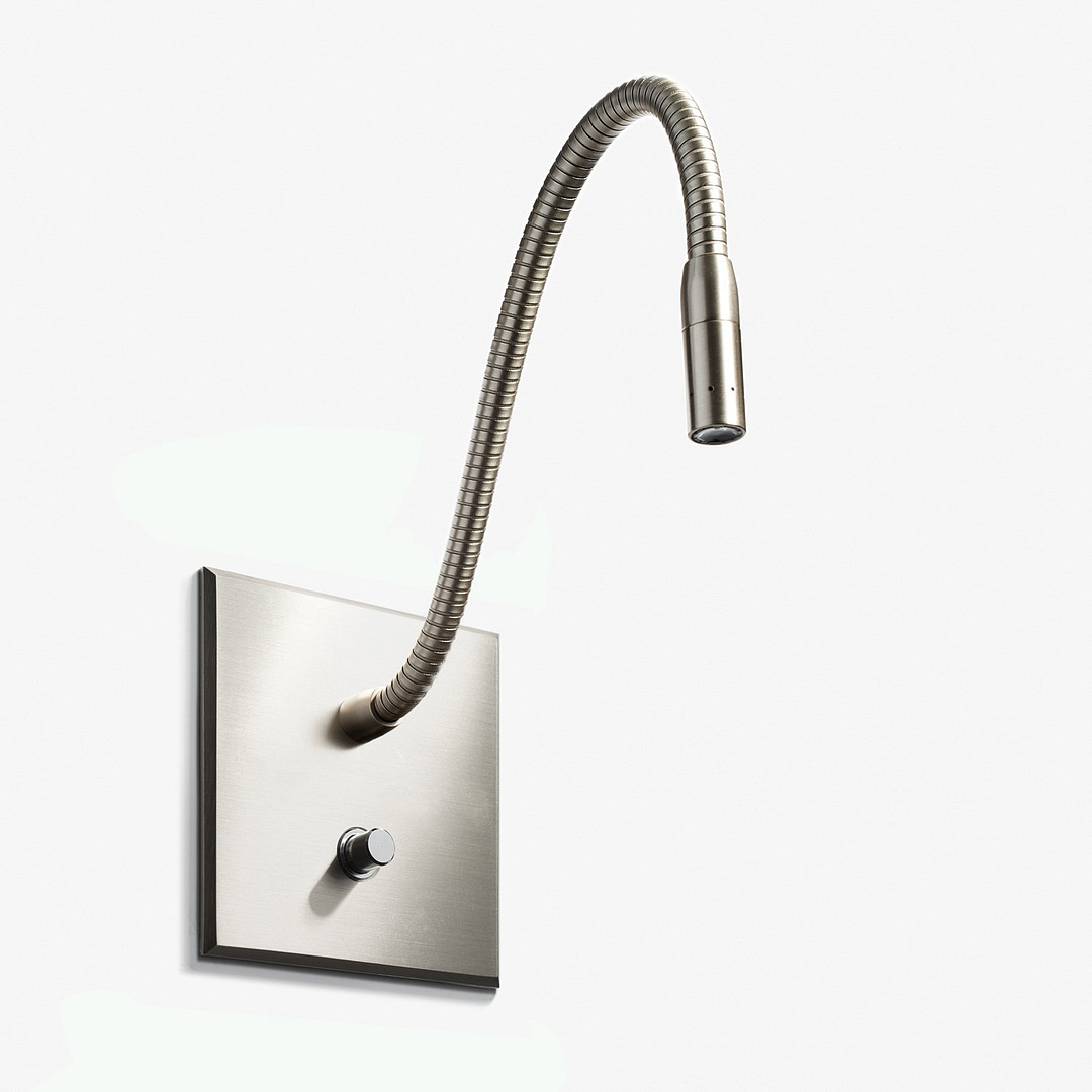 A modern, flexible faucet mounted on a sleek, square metallic plate with a round control knob, isolated on a white background.