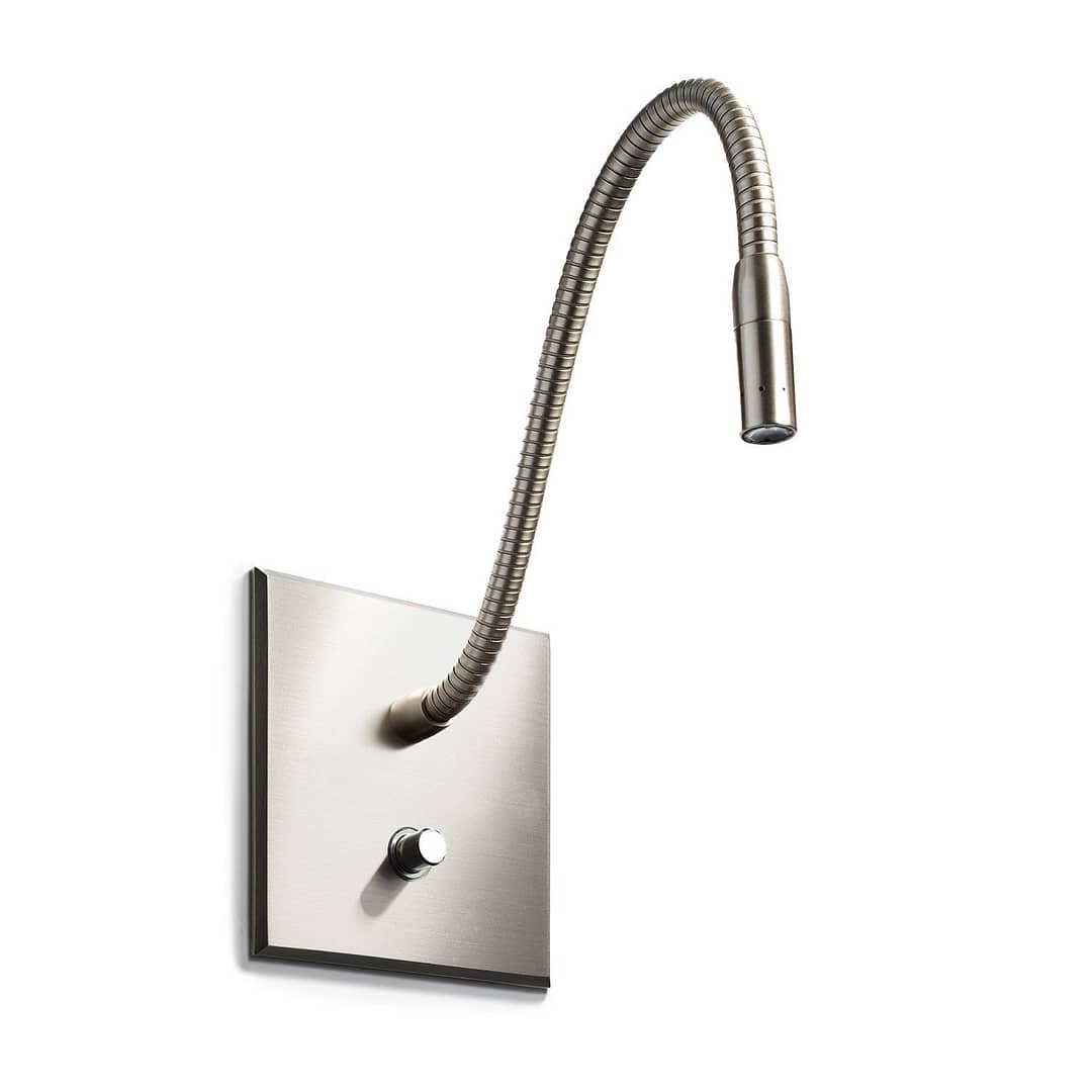 A modern, flexible shower head mounted on a square, stainless steel panel with a single control knob, isolated on a white background.