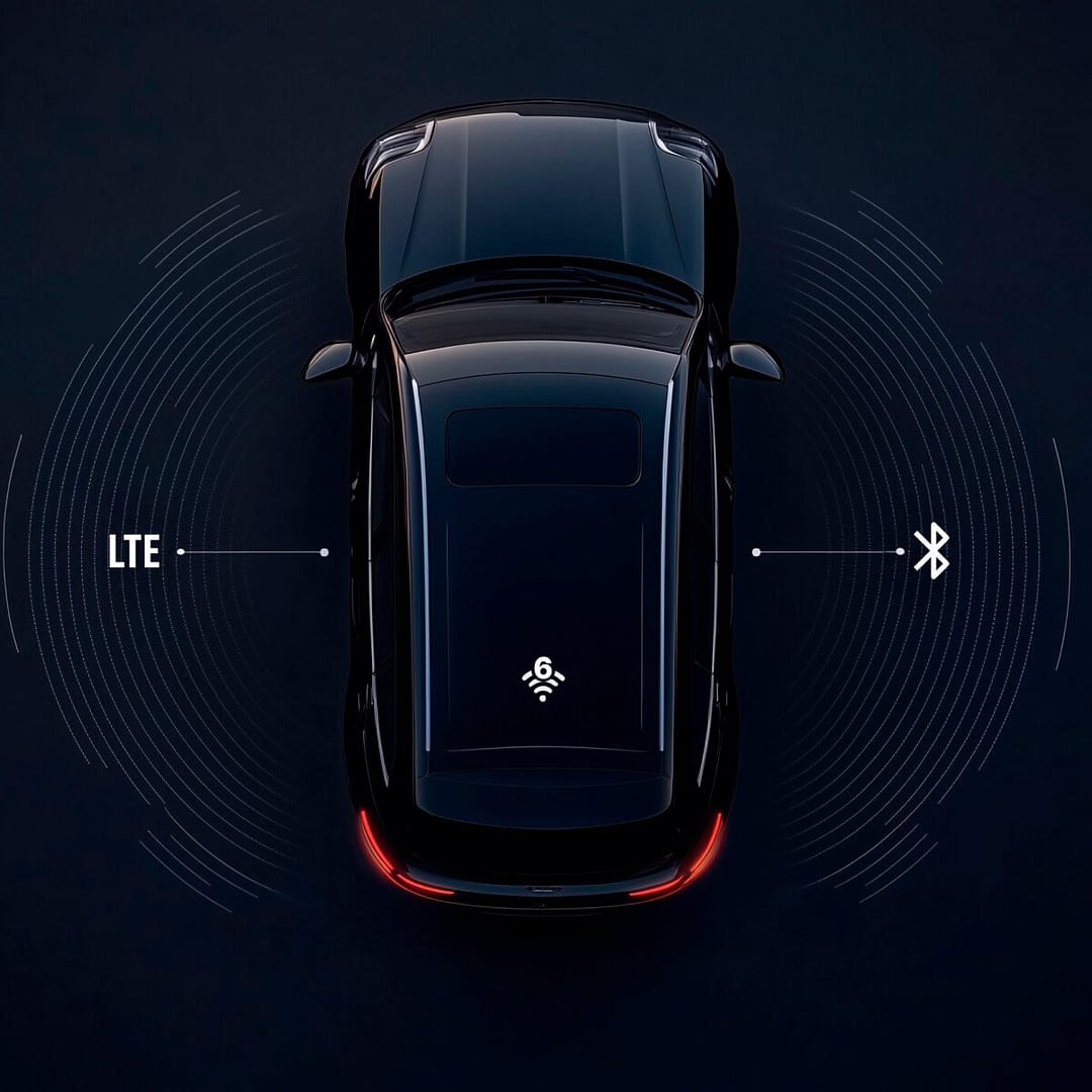 Overhead view of a black car on a dark background with connectivity symbols. Circles around the car indicate LTE and Bluetooth signals. Wi-Fi symbol on the car roof and illuminated rear lights are visible.