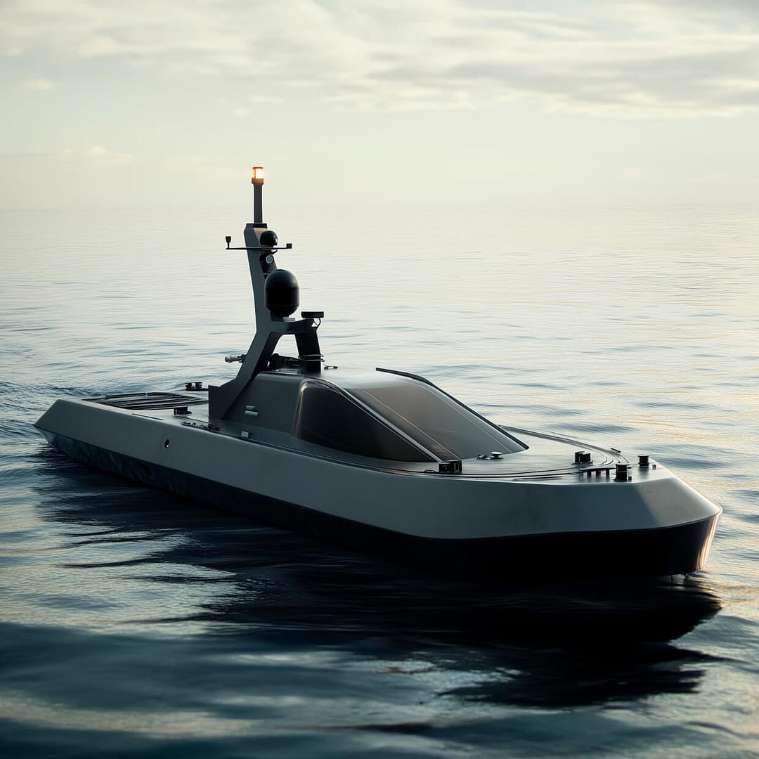 marine-sbs A modern, sleek autonomous boat with advanced equipment navigates calmly on a serene ocean under a cloudy sky. The water reflects the soft lighting, and the boat features a prominent tower with sensors on its deck.