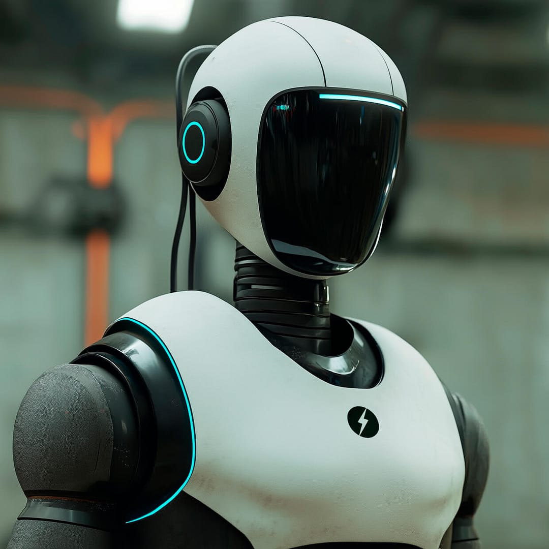 robotics-sbs A futuristic robot with a sleek white and black design stands in a technology-filled room. The robot has a glossy visor, blue glowing accents, and a bolt symbol on its chest, exuding a modern and advanced appearance.