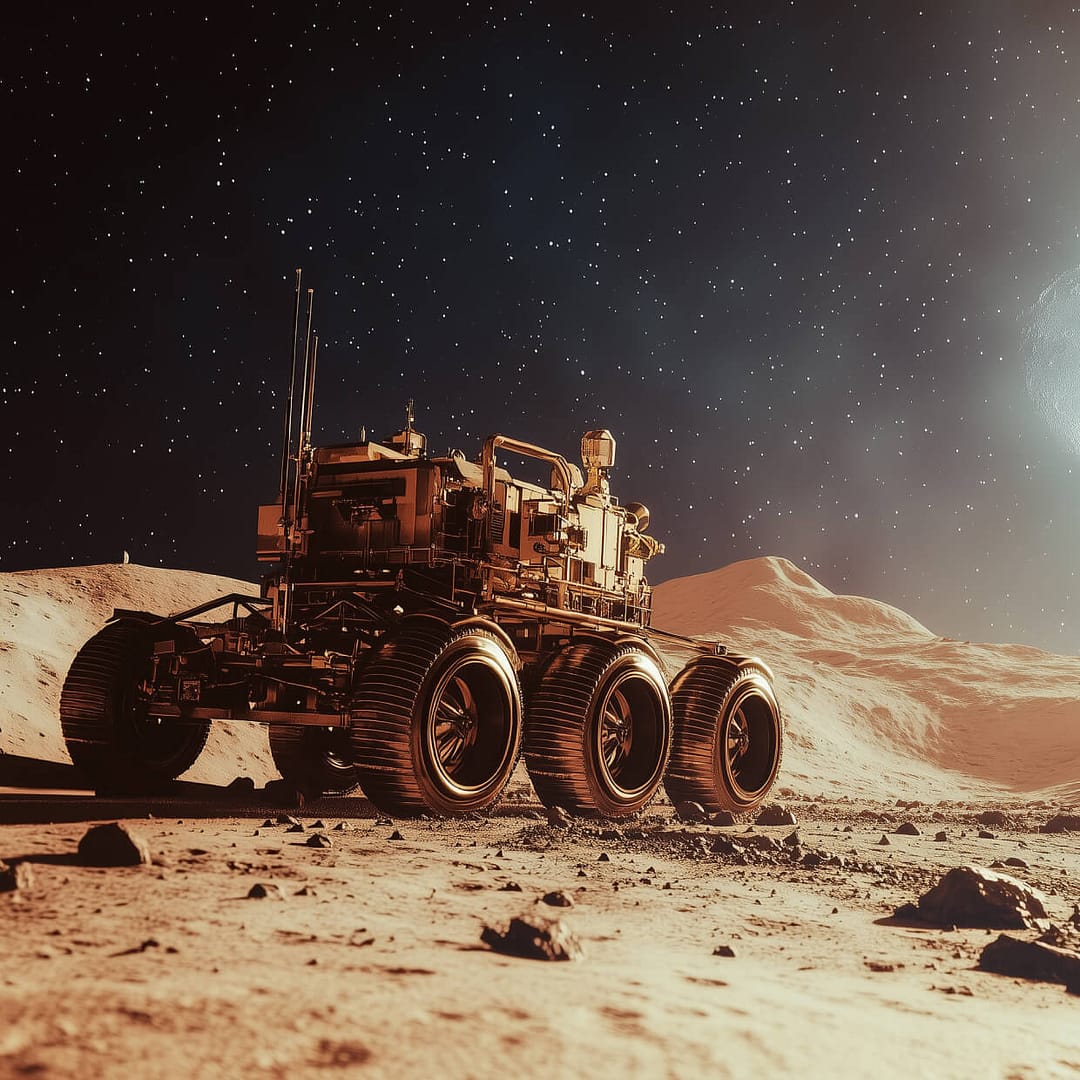 space-sbs A futuristic rover with large wheels explores a barren, rocky landscape under a star-filled sky on a distant planet or moon. The scene is illuminated by the soft, ambient light of a celestial body in the distance.