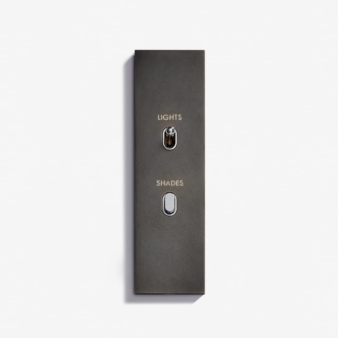 A rectangular black switch panel, similar in size to an Ellipse Keypad 38 x 133, features two metal toggle switches labeled "LIGHTS" and "SHADES," mounted against a plain white background.